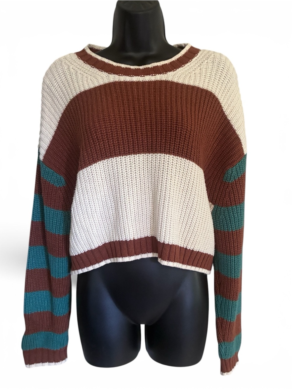 American Eagle Earthy Indie Cropped Striped Crewneck Sweater Brown Cream Teal M